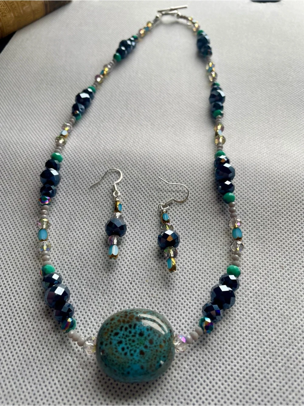 Handcrafted Turquoise & Navy Beaded Necklace with Matching Earrings